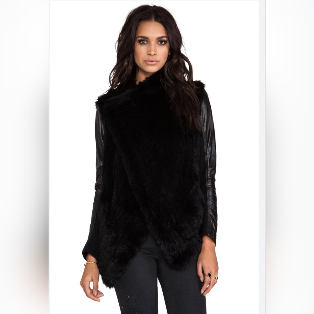 June Black Rabbit Fur & Leather Jacket Asymmetric Warm Glam Designer size S